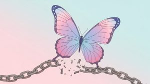 Illustration of a butterfly rising above a broken chain, symbolizing freedom from addiction