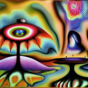 Colorful psychedelic artwork of a surreal landscape with an eye and flowing shapes