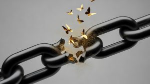 A black chain breaking apart as golden butterflies fly free, symbolizing breaking free from 7-OH dependence
