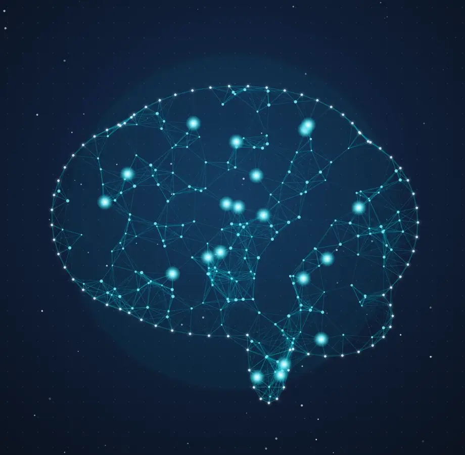 Illustration of a glowing neural network shaped like a human brain
