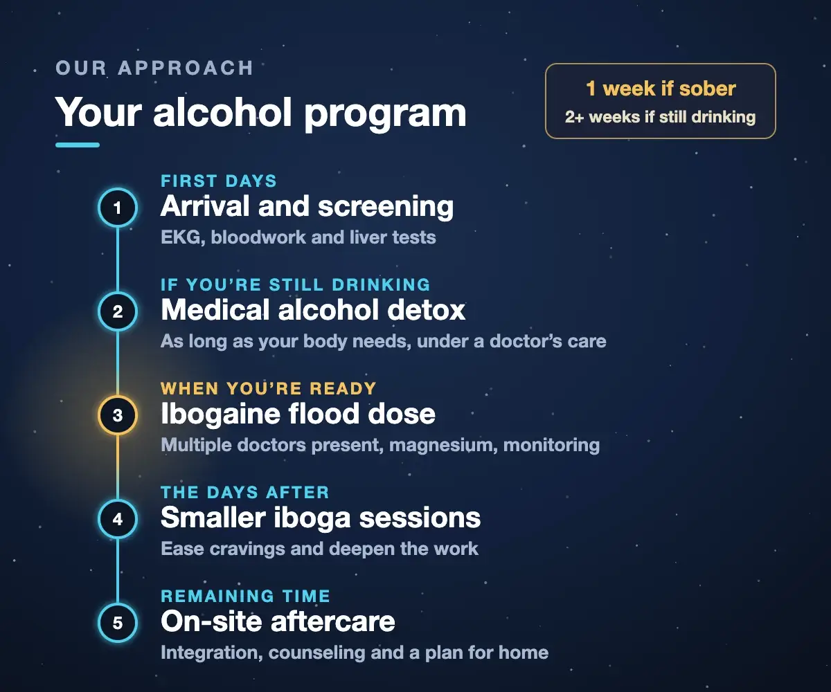 Alcohol program steps at Iboga Treatment Center: arrival and screening, medical alcohol detox, ibogaine flood dose, smaller iboga sessions and on-site aftercare