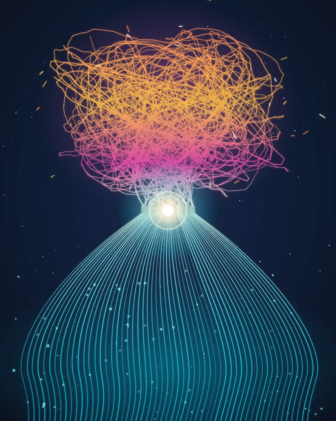 Illustration of tangled, anxious nerve signals passing through a bright point and flowing out as calm, smooth lines