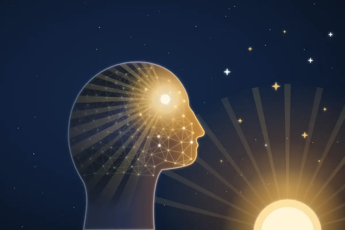 Ibogaine for depression illustration: dawn light spreading through the brain’s neural network