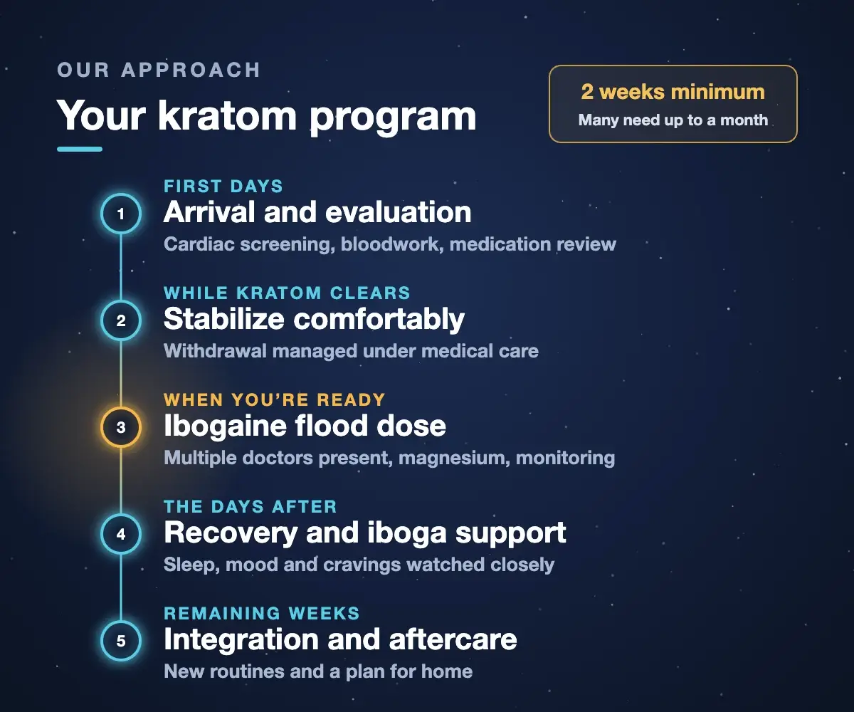 Kratom detox program at Iboga Treatment Center: arrival and evaluation, stabilization while kratom clears, an ibogaine flood dose with multiple doctors present, recovery, then integration and aftercare. 2 weeks minimum; many need up to a month.