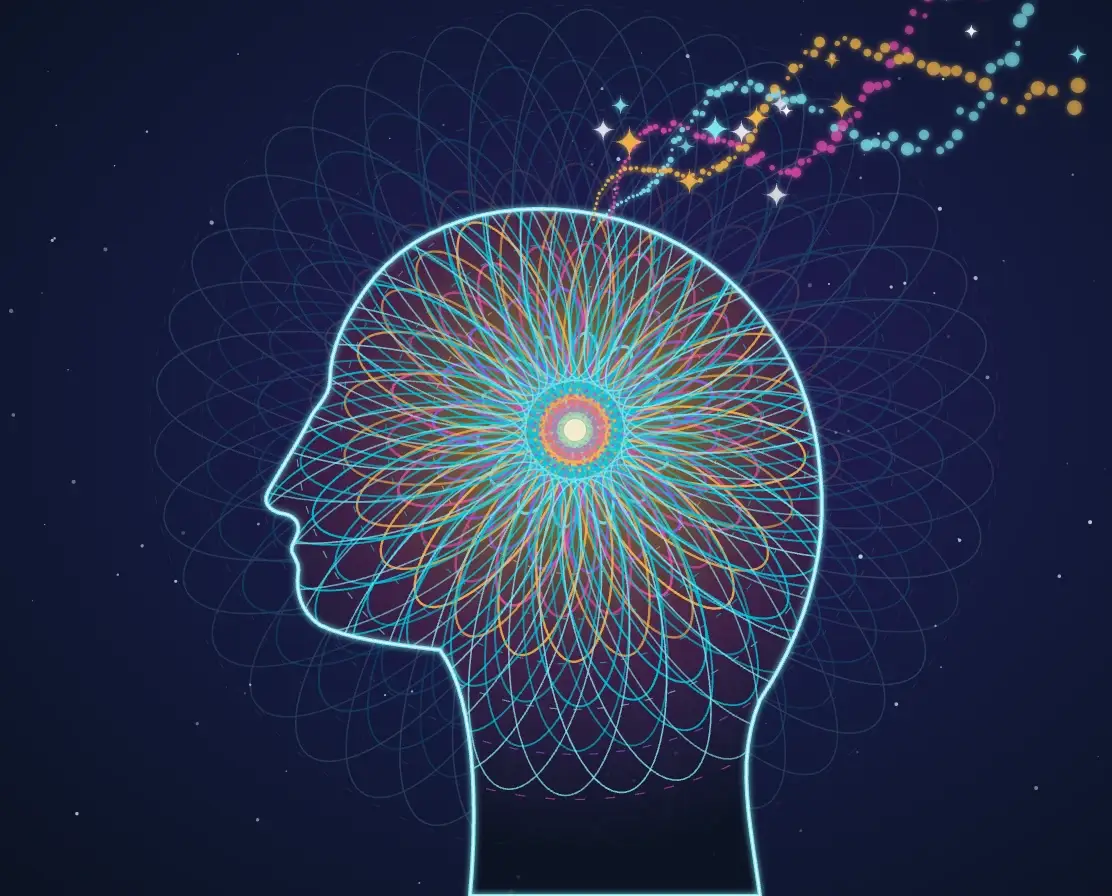 Psychedelic illustration of a human head in profile filled with colorful patterns