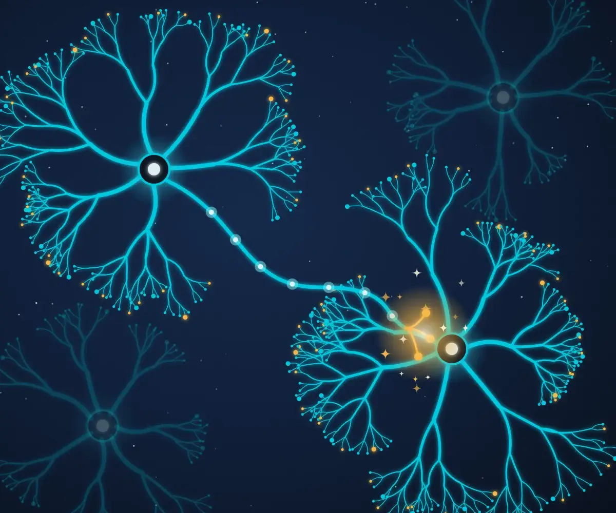 Illustration of glowing neurons forming a new connection after ibogaine treatment