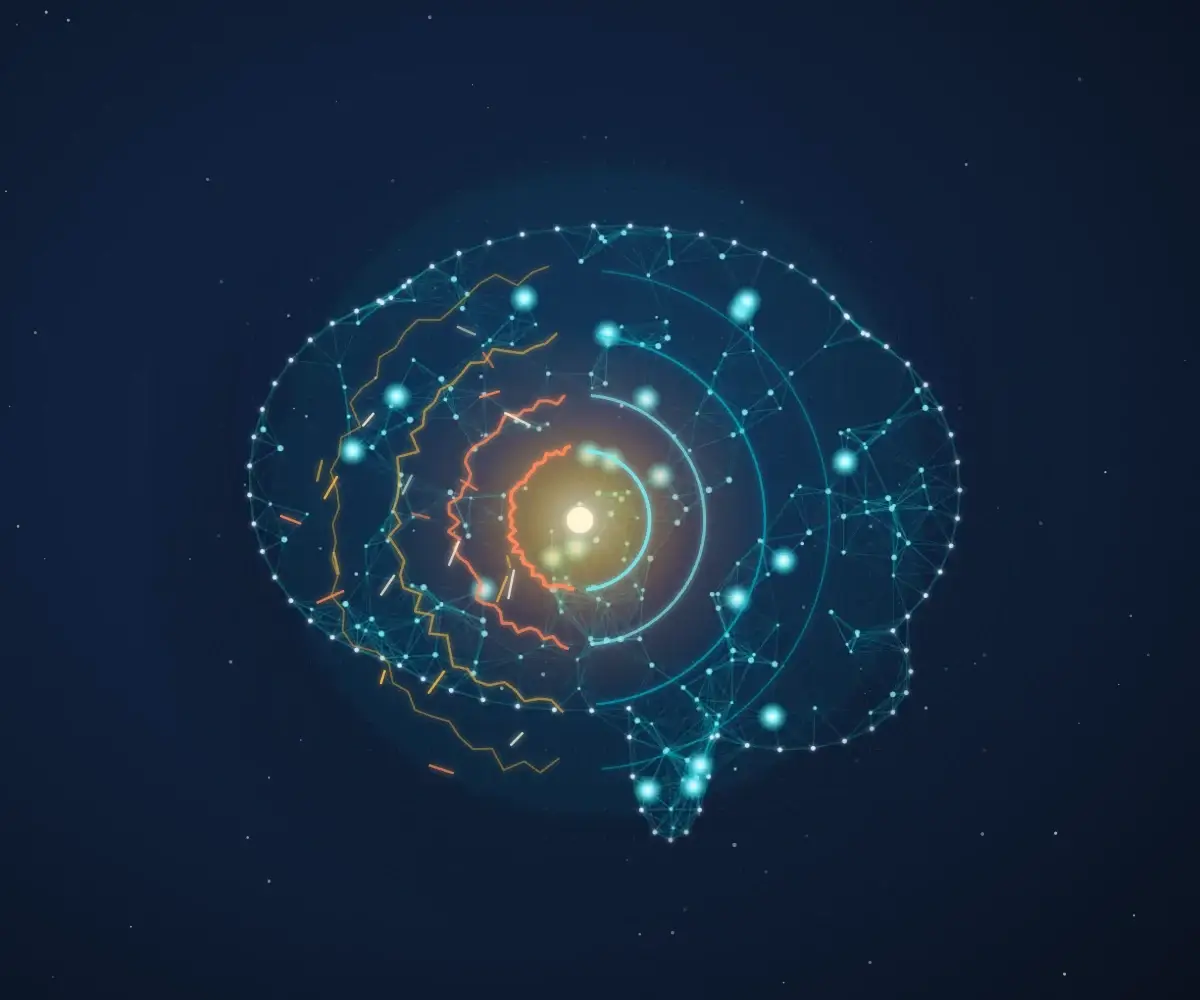 Illustration of a brain network with a glowing alarm center whose jagged warning signals turn into calm blue waves