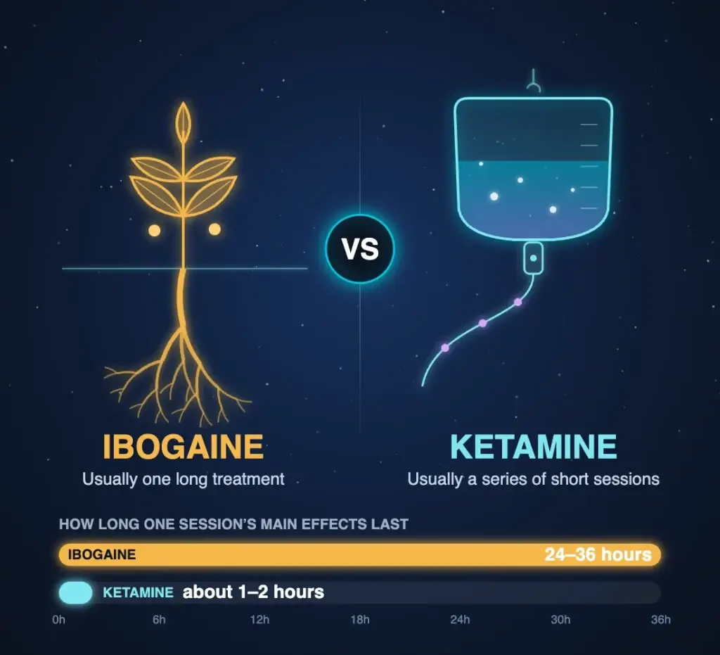 Illustration comparing ibogaine and ketamine: a glowing iboga plant with its roots beside a ketamine IV drip bag, with bars showing one ibogaine session lasting 24 to 36 hours and ketamine about 1 to 2 hours