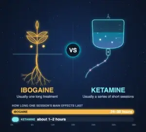 Illustration comparing ibogaine and ketamine: a glowing iboga plant with its roots beside a ketamine IV drip bag, with bars showing one ibogaine session lasting 24 to 36 hours and ketamine about 1 to 2 hours