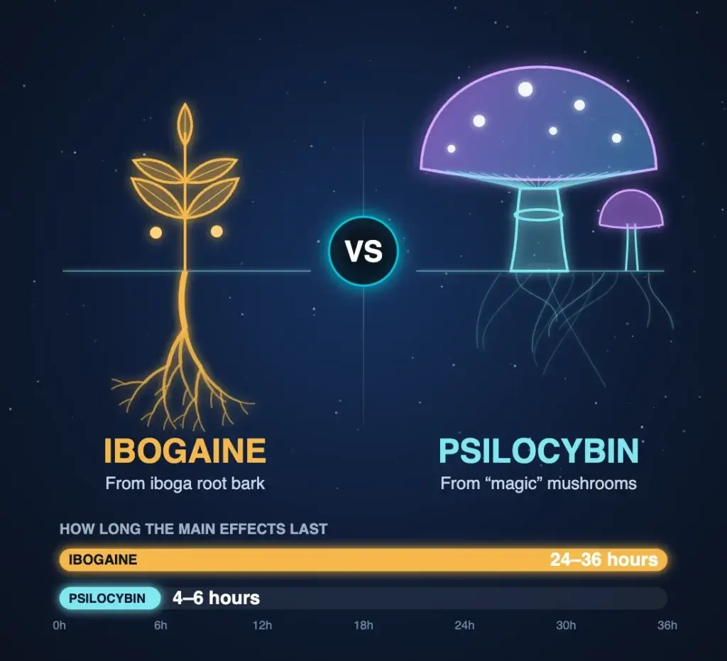 Illustration comparing ibogaine and psilocybin: a glowing iboga plant with its roots beside a magic mushroom, with bars showing ibogaine effects lasting 24 to 36 hours and psilocybin 4 to 6 hours